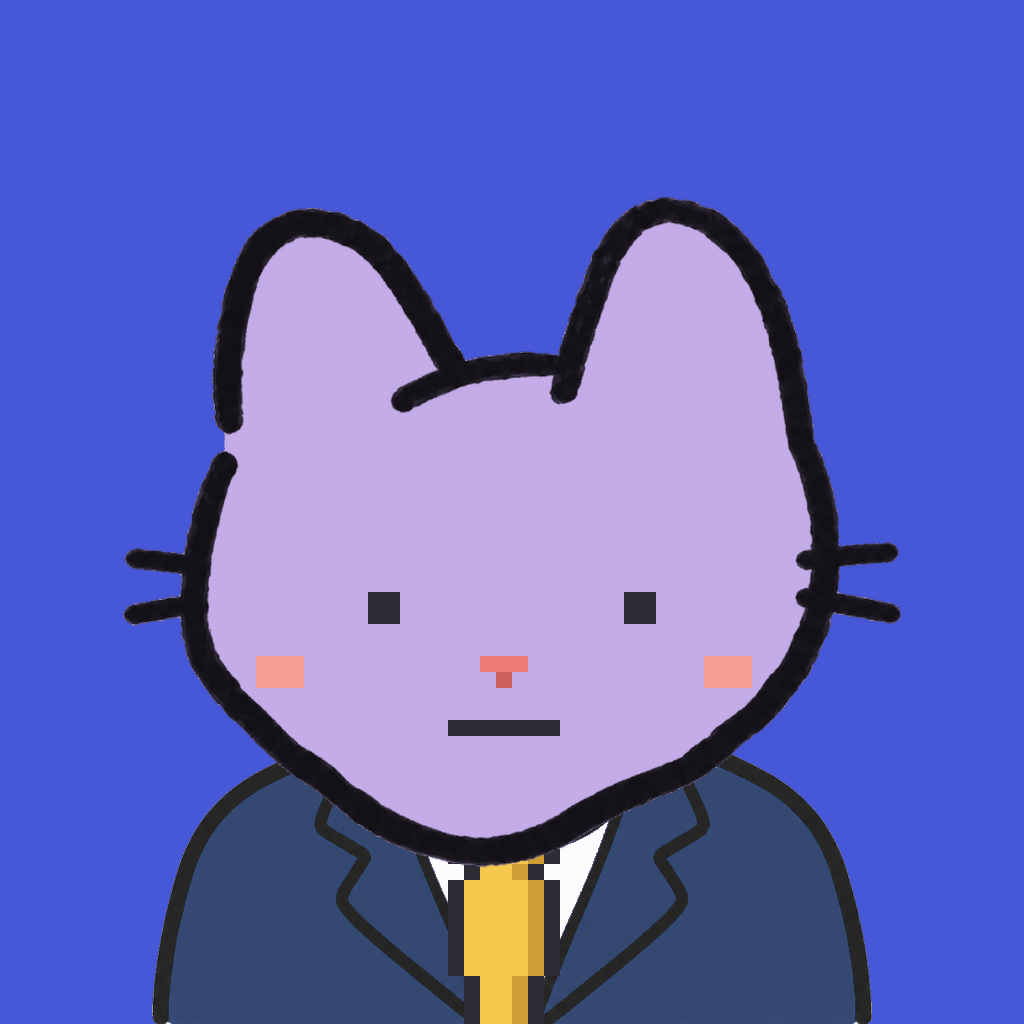 Employee #2133 — a lavender cat, in a navy suit, with a gold tie, on royal