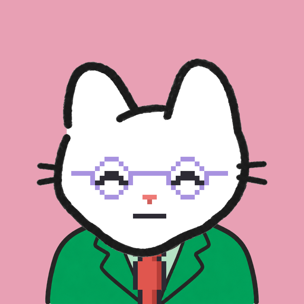 Employee #2134 — a white cat, in a green suit, with a red tie, wearing round-lavender glasses, on rose