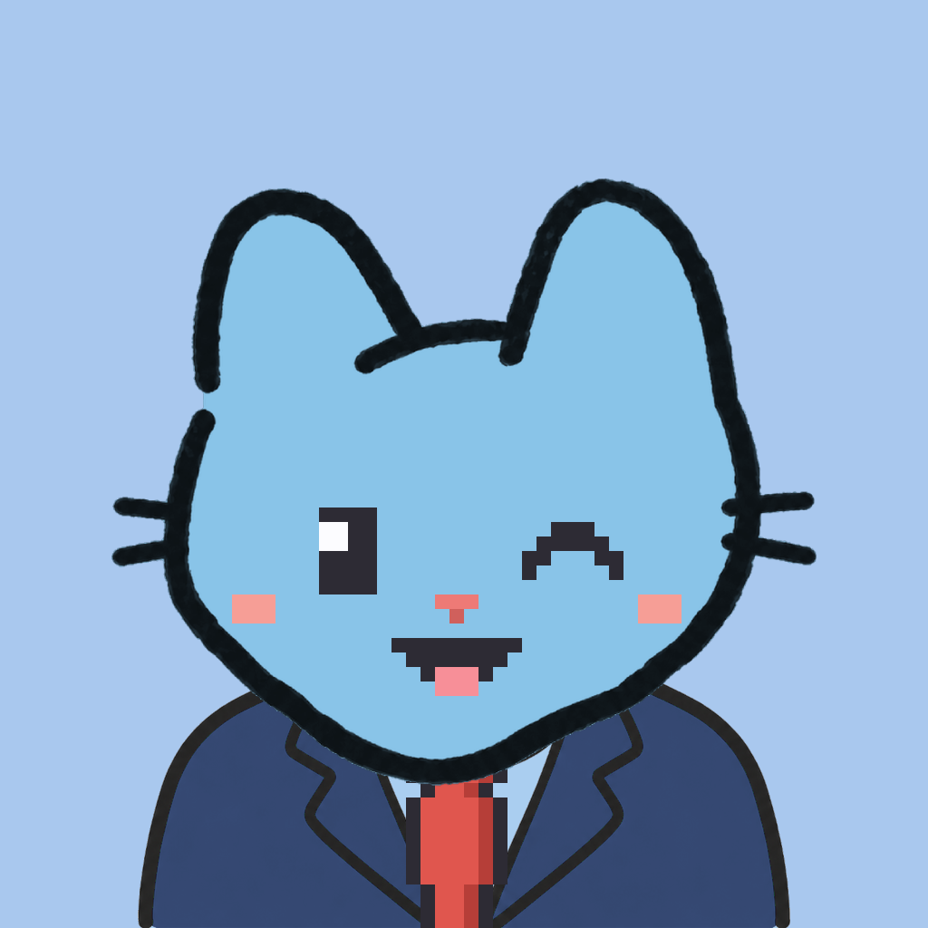 Employee #2135 — a sky cat, in a navy suit, with a red tie, on sky