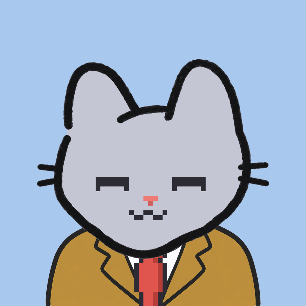 Employee #2136 — a gray cat, in a mustard suit, with a red tie, on sky