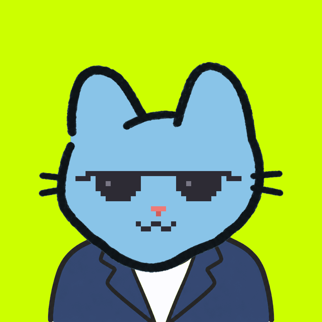 Employee #2137 — a sky cat, in a navy suit, wearing shades glasses, on volt