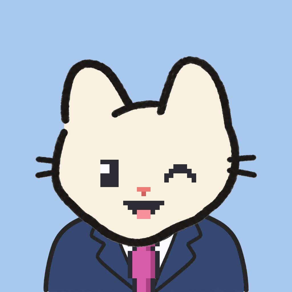 Employee #2138 — a cream cat, in a navy suit, with a magenta tie, on sky