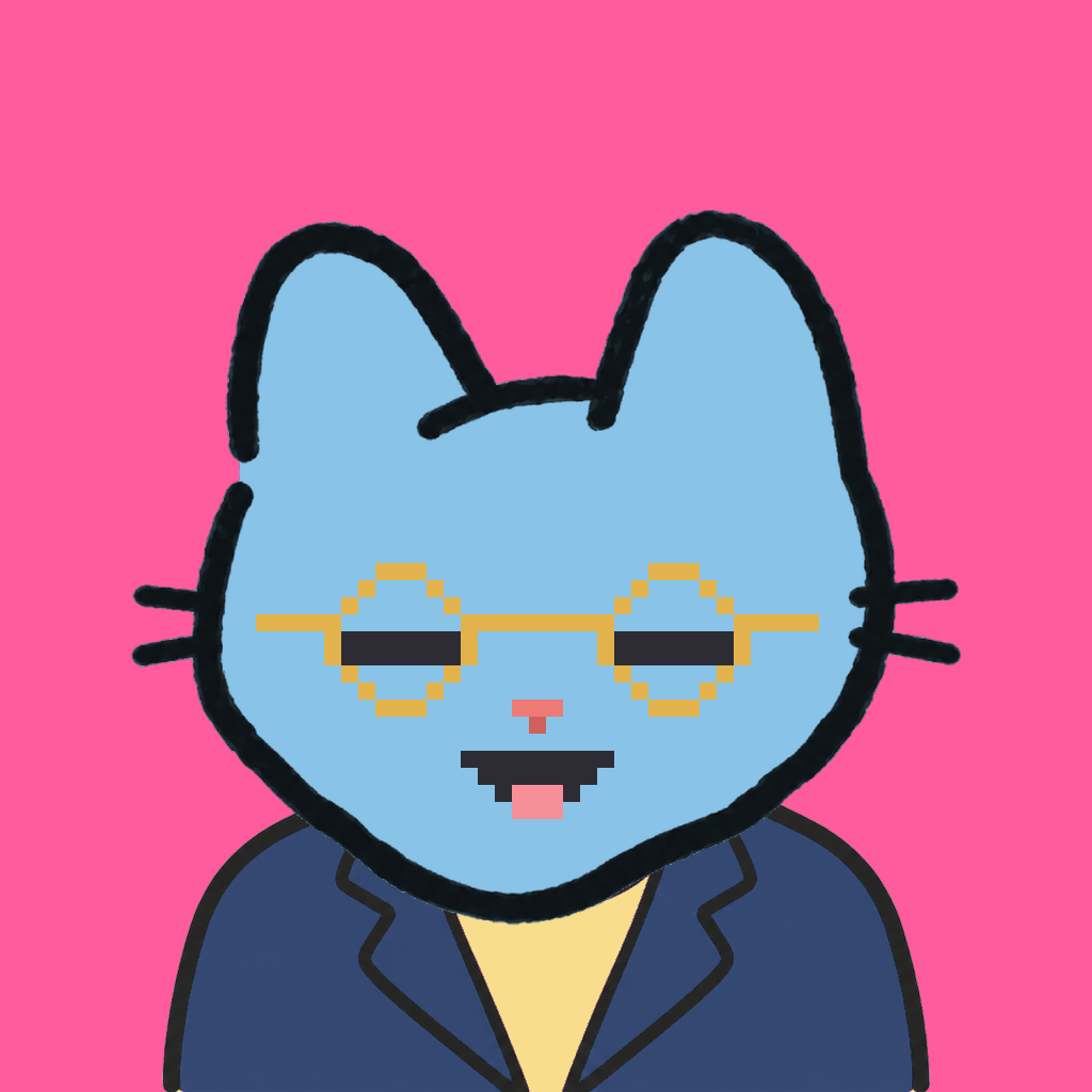 Employee #2139 — a sky cat, in a navy suit, wearing round-gold glasses, on hot pink