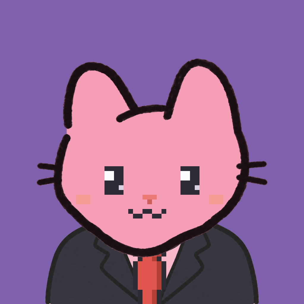 Employee #0214 — a pink cat, in a black suit, with a red tie, on plasma violet
