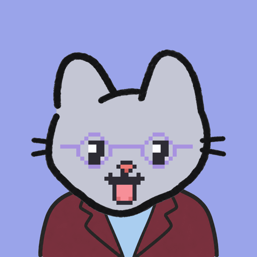 Employee #2140 — a gray cat, in a burgundy suit, wearing round-lavender glasses, on periwinkle