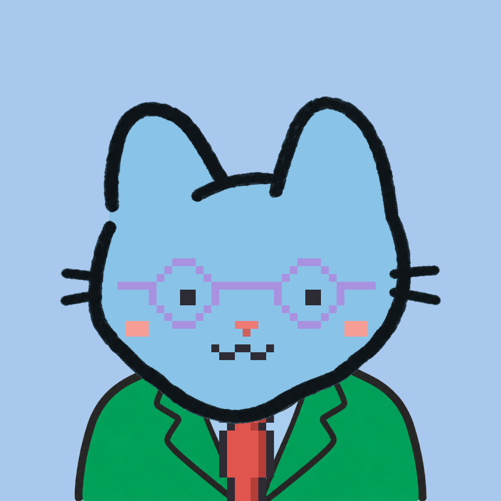 Employee #2141 — a sky cat, in a green suit, with a red tie, wearing round-lavender glasses, on sky