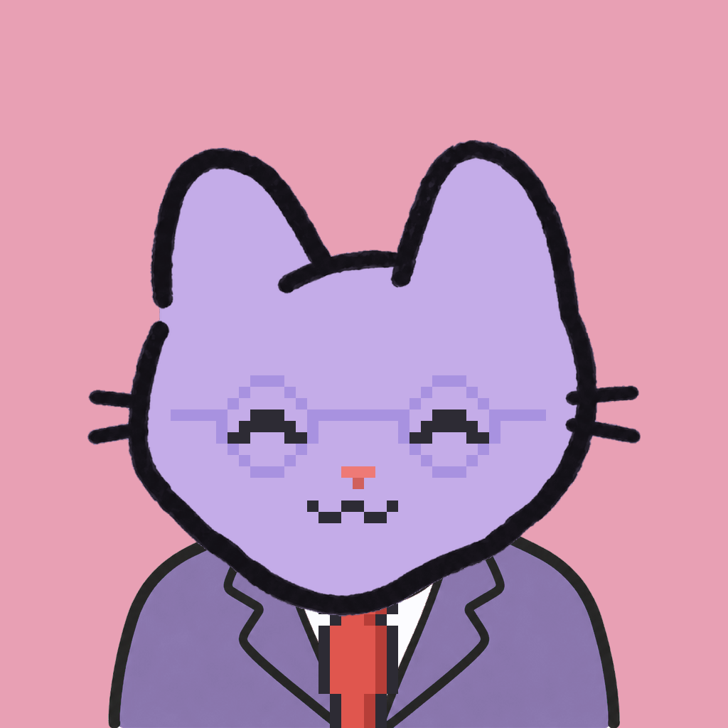 Employee #2143 — a lavender cat, in a lavender suit, with a red tie, wearing round-lavender glasses, on rose