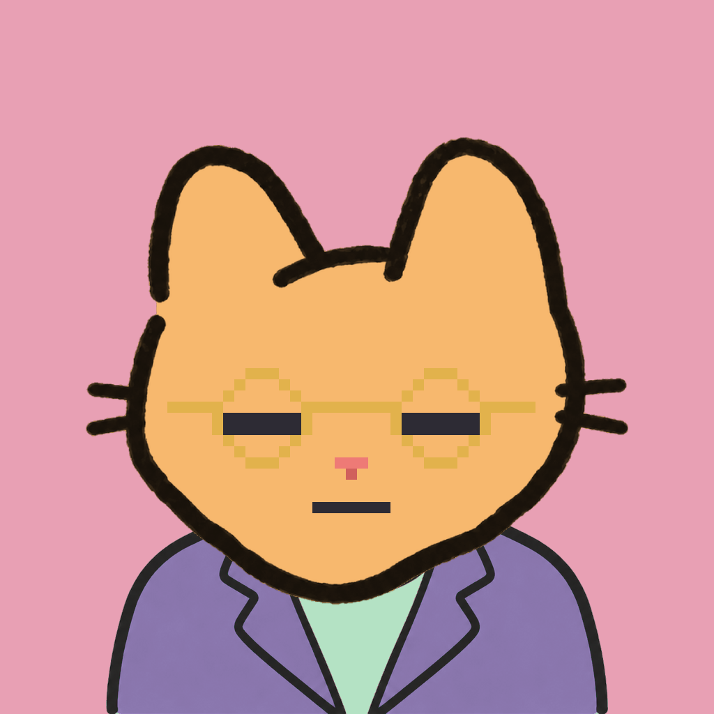Employee #2144 — a tabby cat, in a lavender suit, wearing round-gold glasses, on rose