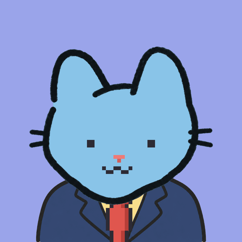 Employee #2145 — a sky cat, in a navy suit, with a red tie, on periwinkle