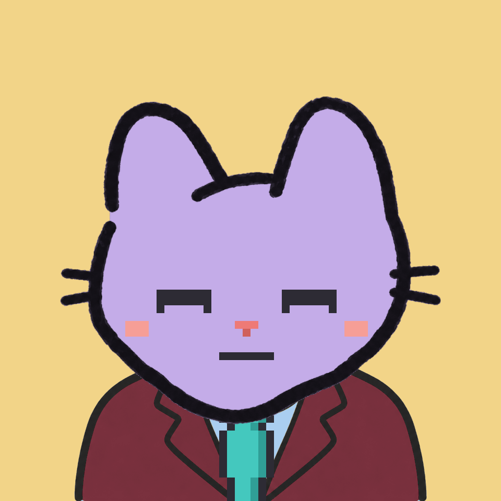 Employee #2146 — a lavender cat, in a burgundy suit, with a teal tie, on butter