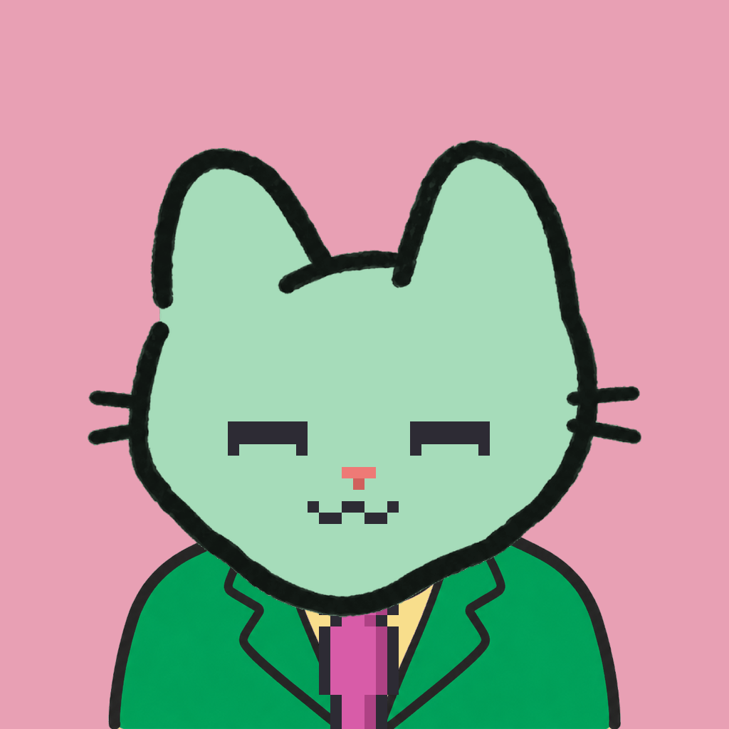 Employee #2147 — a mint cat, in a green suit, with a magenta tie, on rose