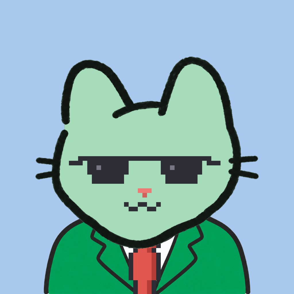 Employee #2148 — a mint cat, in a green suit, with a red tie, wearing shades glasses, on sky