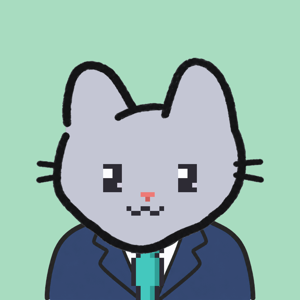 Employee #2149 — a gray cat, in a navy suit, with a teal tie, on mint