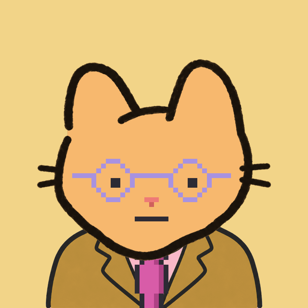 Employee #0215 — a tabby cat, in a mustard suit, with a magenta tie, wearing round-lavender glasses, on butter