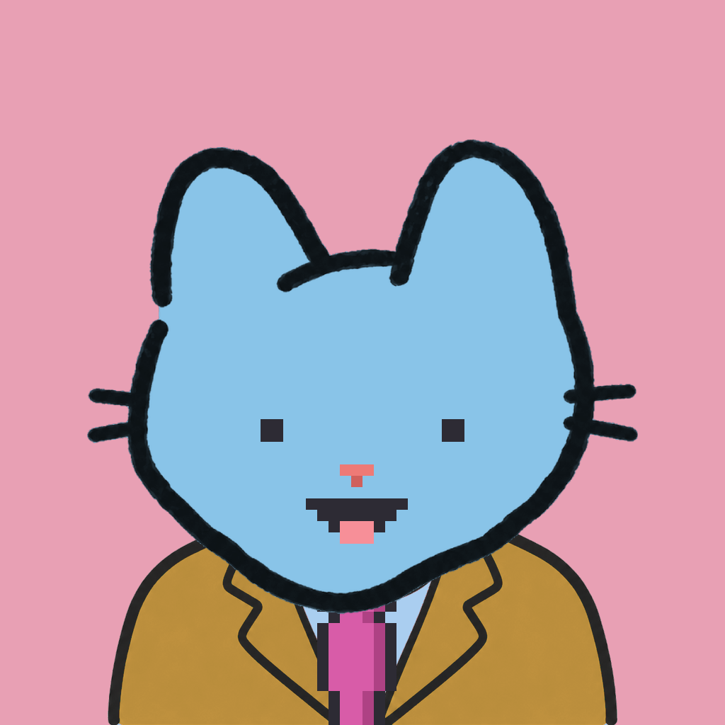 Employee #2150 — a sky cat, in a mustard suit, with a magenta tie, on rose