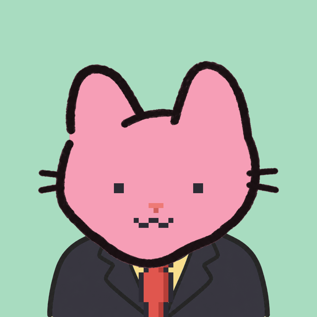 Employee #2151 — a pink cat, in a black suit, with a red tie, on mint