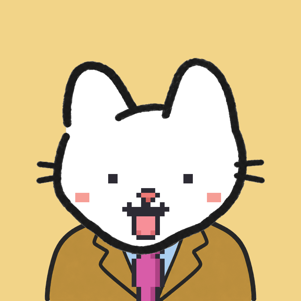 Employee #2152 — a white cat, in a mustard suit, with a magenta tie, on butter