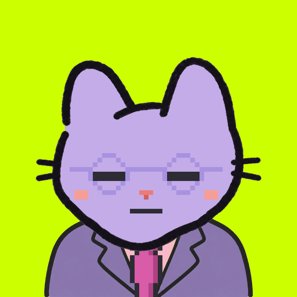 Employee #2153 — a lavender cat, in a lavender suit, with a magenta tie, wearing round-lavender glasses, on volt