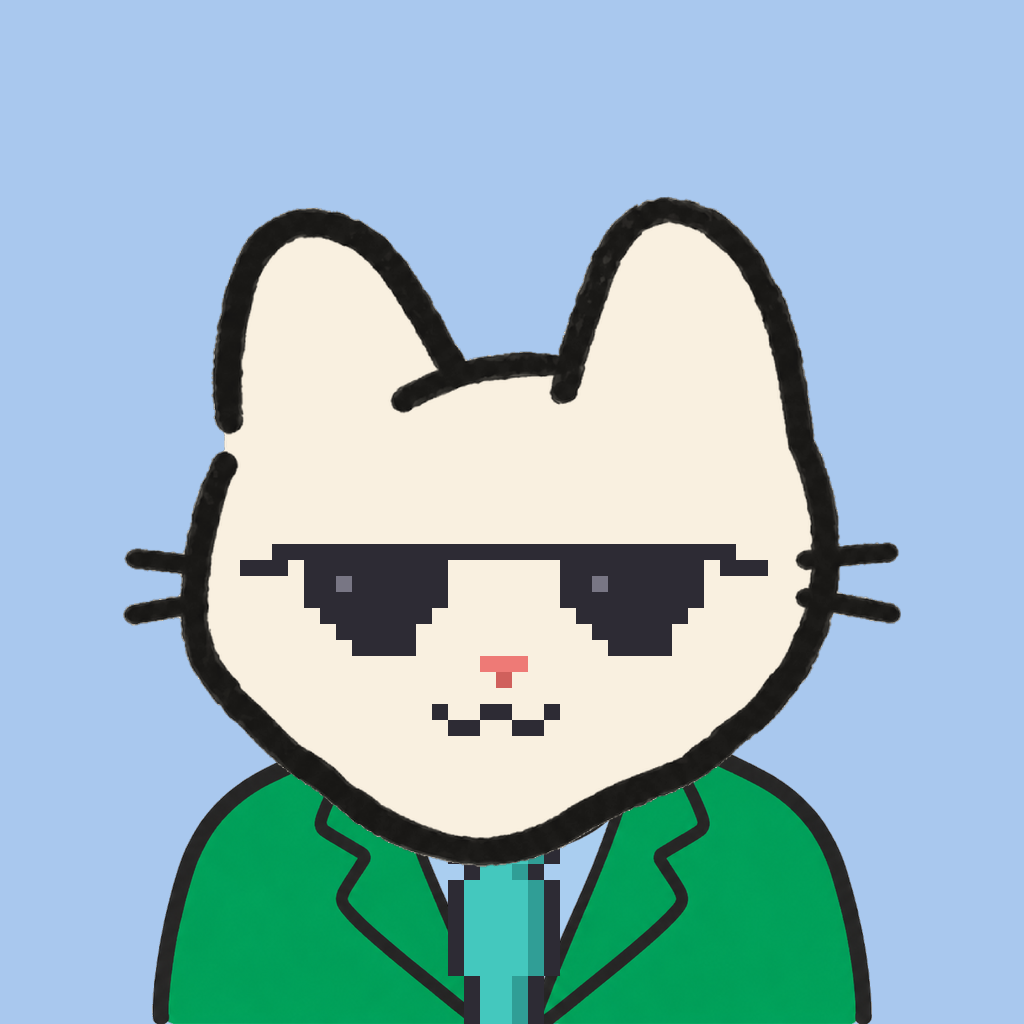 Employee #2154 — a cream cat, in a green suit, with a teal tie, wearing shades glasses, on sky