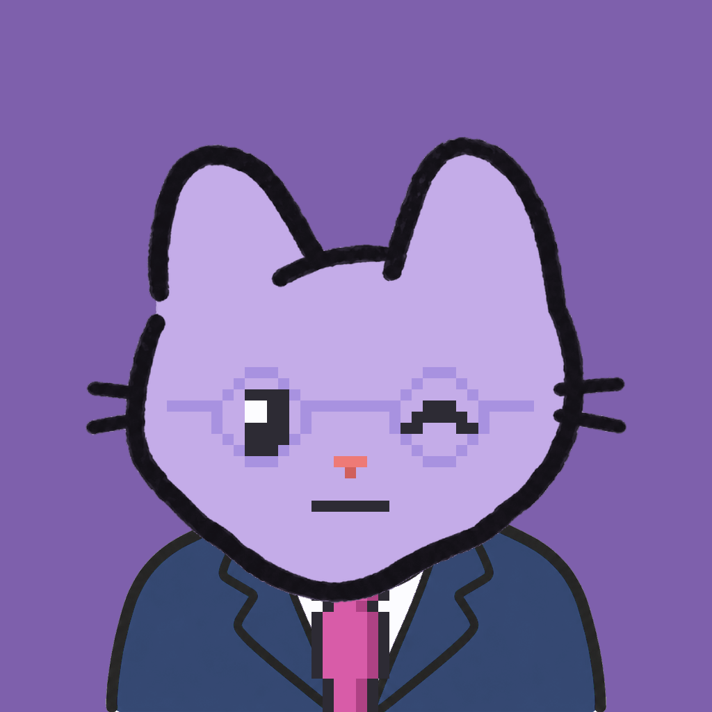 Employee #2155 — a lavender cat, in a navy suit, with a magenta tie, wearing round-lavender glasses, on plasma violet