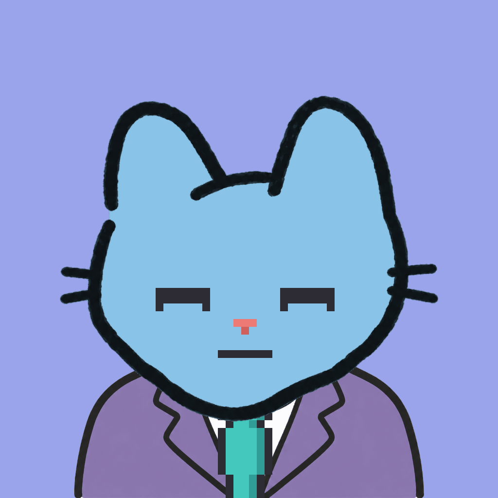 Employee #2156 — a sky cat, in a lavender suit, with a teal tie, on periwinkle