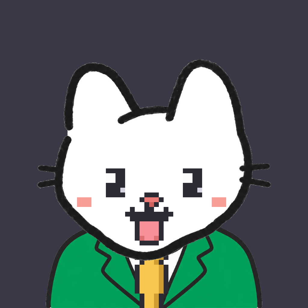 Employee #2157 — a white cat, in a green suit, with a gold tie, on charcoal