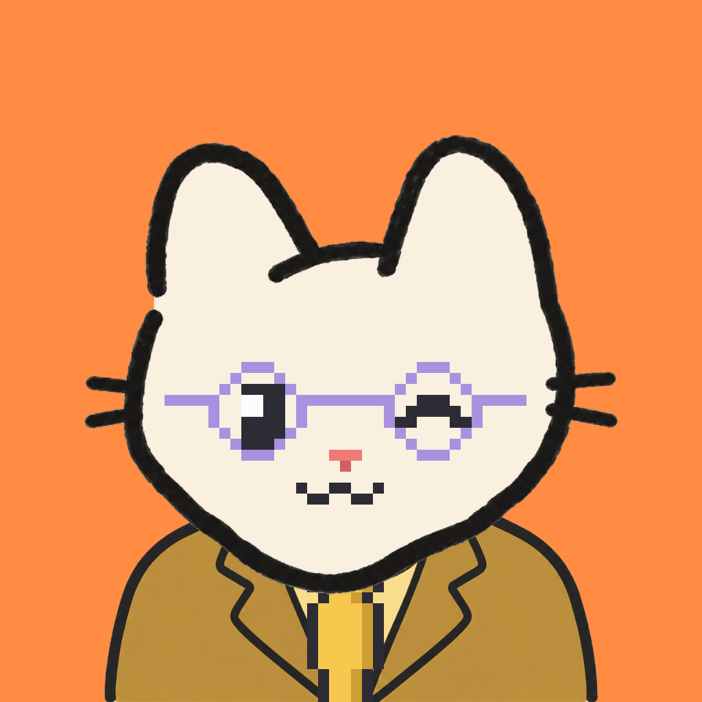 Employee #2158 — a cream cat, in a mustard suit, with a gold tie, wearing round-lavender glasses, on tangerine