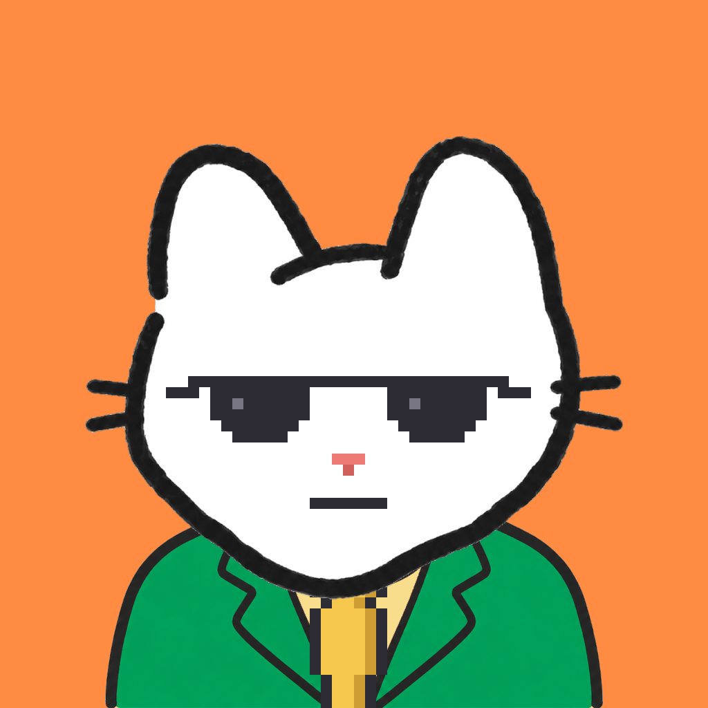 Employee #2159 — a white cat, in a green suit, with a gold tie, wearing shades glasses, on tangerine