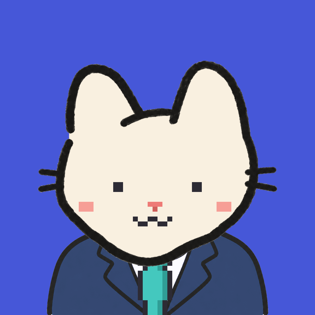 Employee #0216 — a cream cat, in a navy suit, with a teal tie, on royal