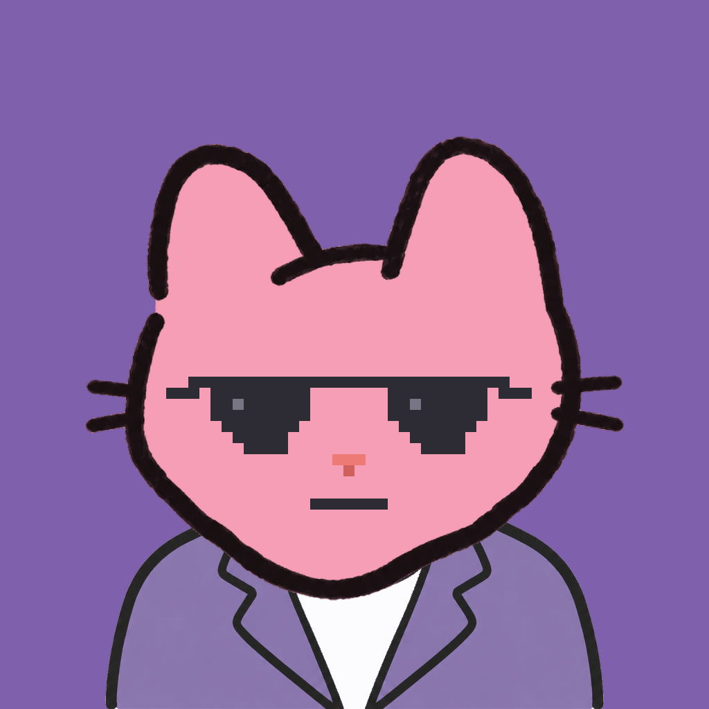 Employee #2160 — a pink cat, in a lavender suit, wearing shades glasses, on plasma violet