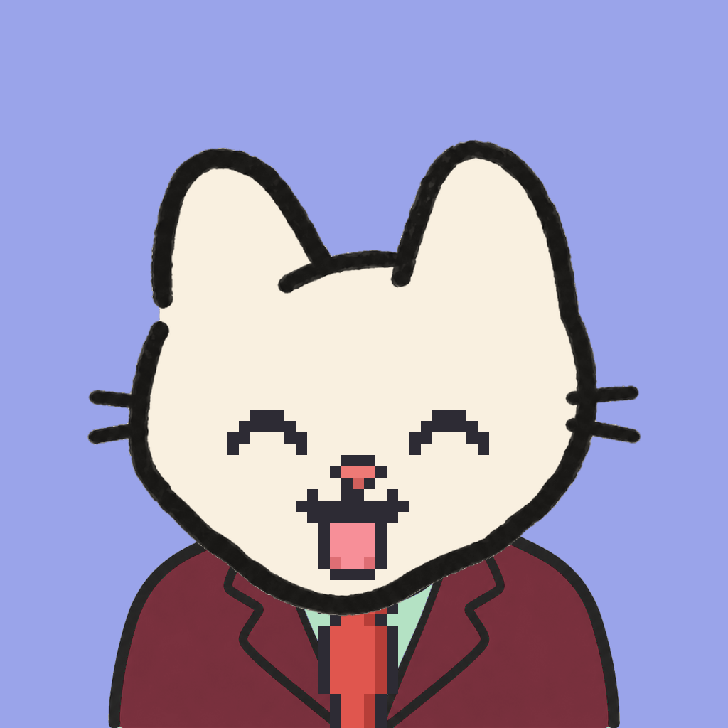Employee #2161 — a cream cat, in a burgundy suit, with a red tie, on periwinkle