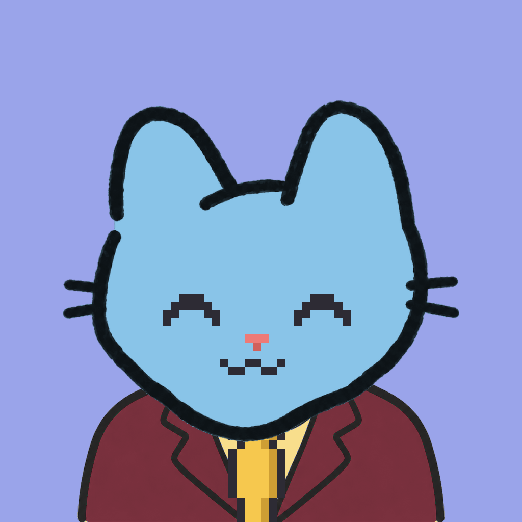 Employee #2162 — a sky cat, in a burgundy suit, with a gold tie, on periwinkle
