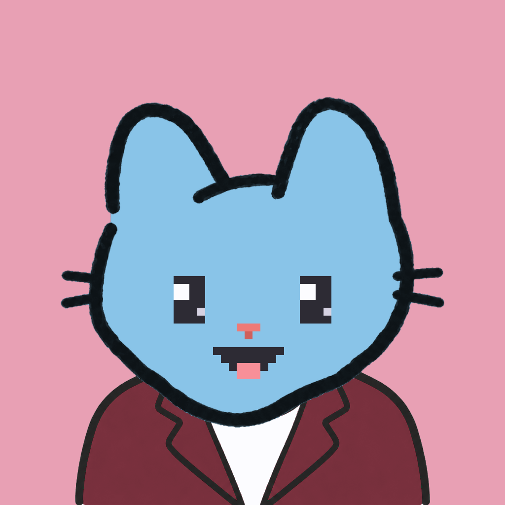 Employee #2163 — a sky cat, in a burgundy suit, on rose