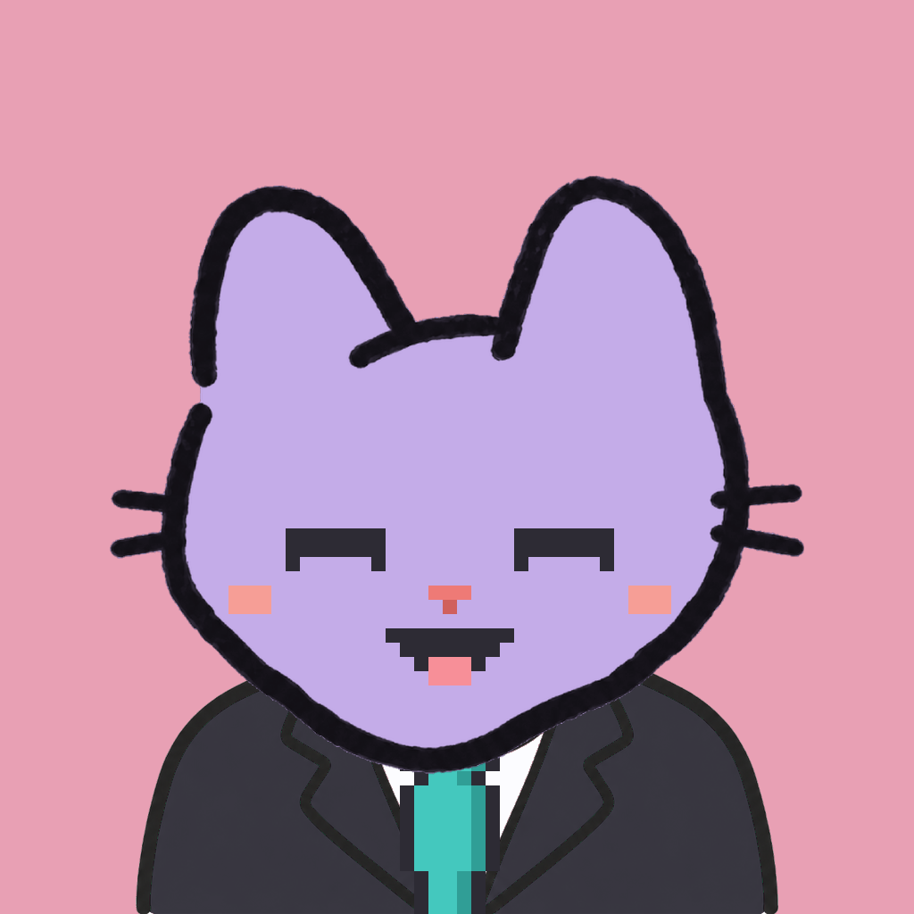 Employee #2164 — a lavender cat, in a black suit, with a teal tie, on rose