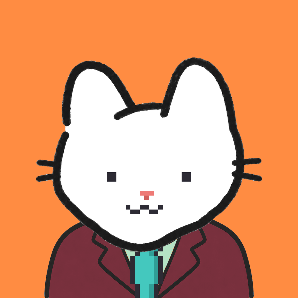 Employee #2165 — a white cat, in a burgundy suit, with a teal tie, on tangerine