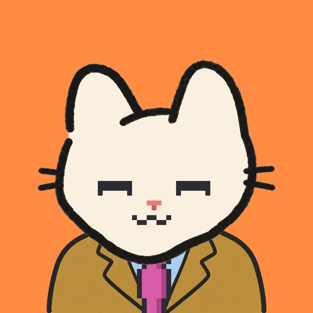 Employee #2166 — a cream cat, in a mustard suit, with a magenta tie, on tangerine