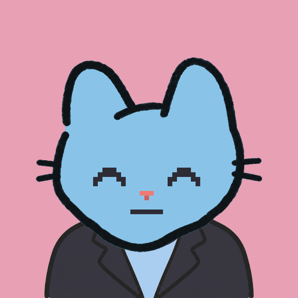 Employee #2167 — a sky cat, in a black suit, on rose