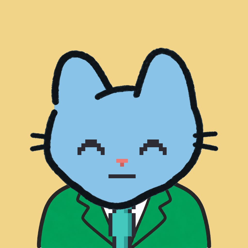Employee #2168 — a sky cat, in a green suit, with a teal tie, on butter