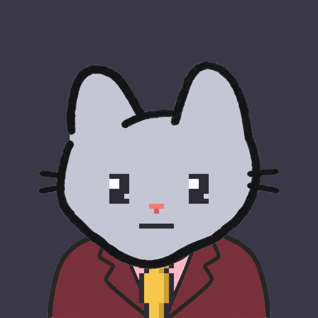 Employee #2169 — a gray cat, in a burgundy suit, with a gold tie, on charcoal
