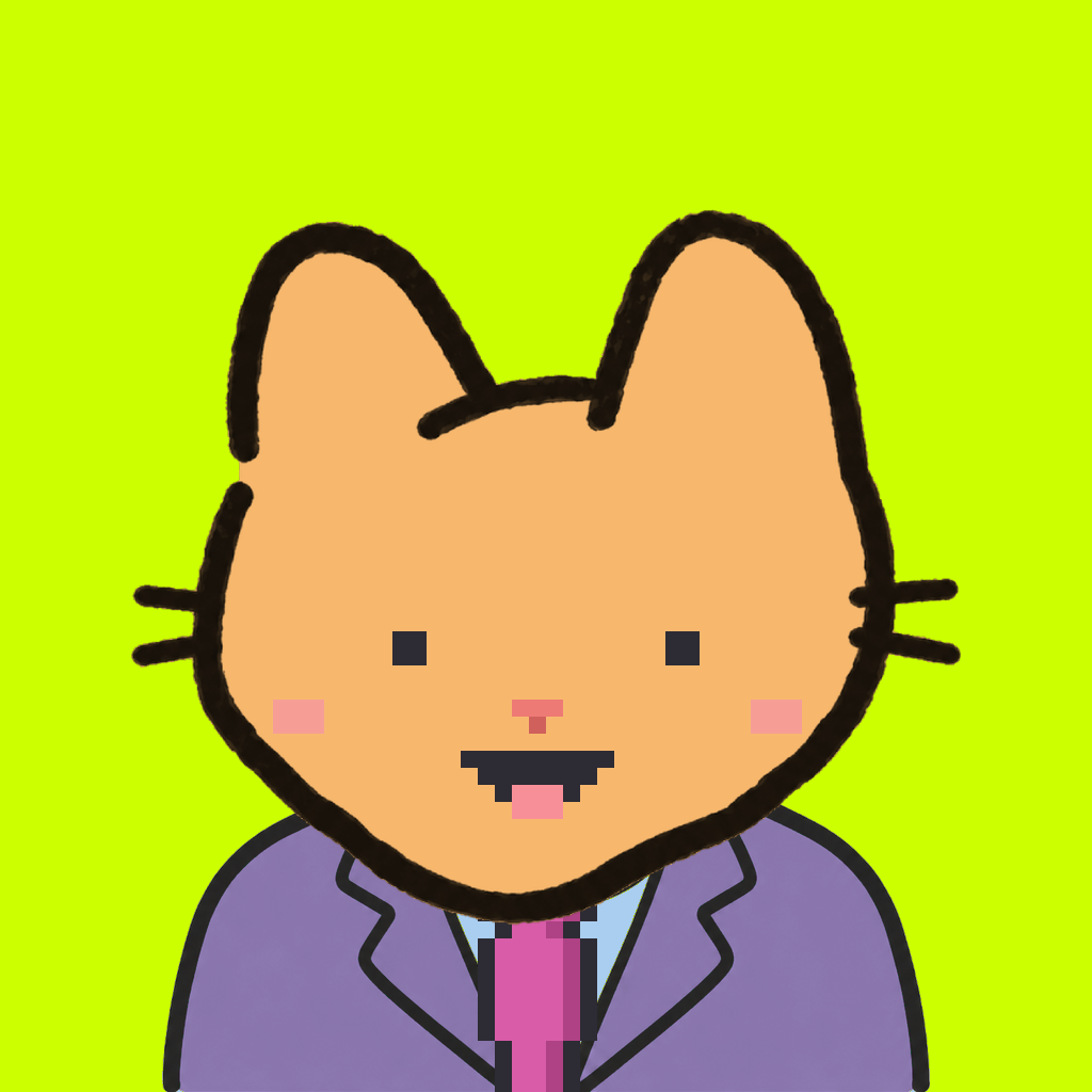 Employee #0217 — a tabby cat, in a lavender suit, with a magenta tie, on volt