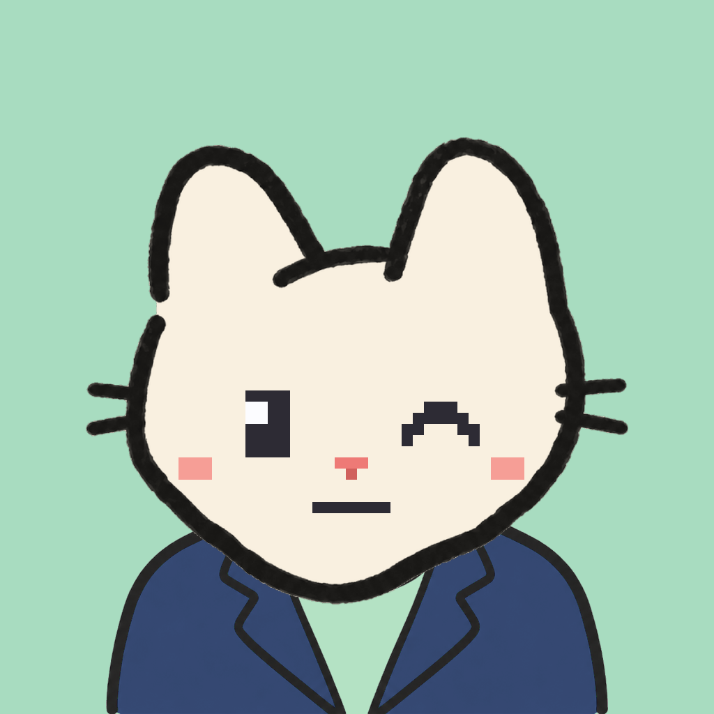 Employee #2170 — a cream cat, in a navy suit, on mint