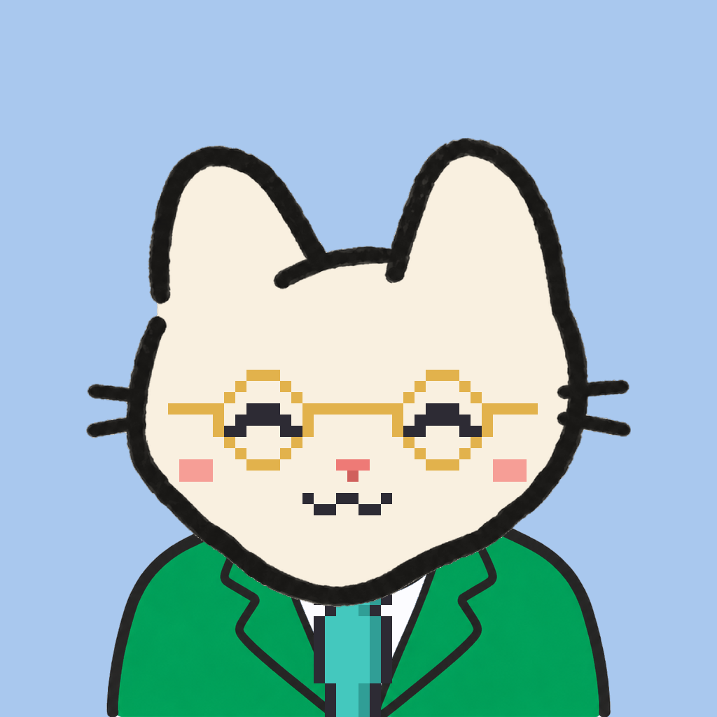 Employee #2171 — a cream cat, in a green suit, with a teal tie, wearing round-gold glasses, on sky