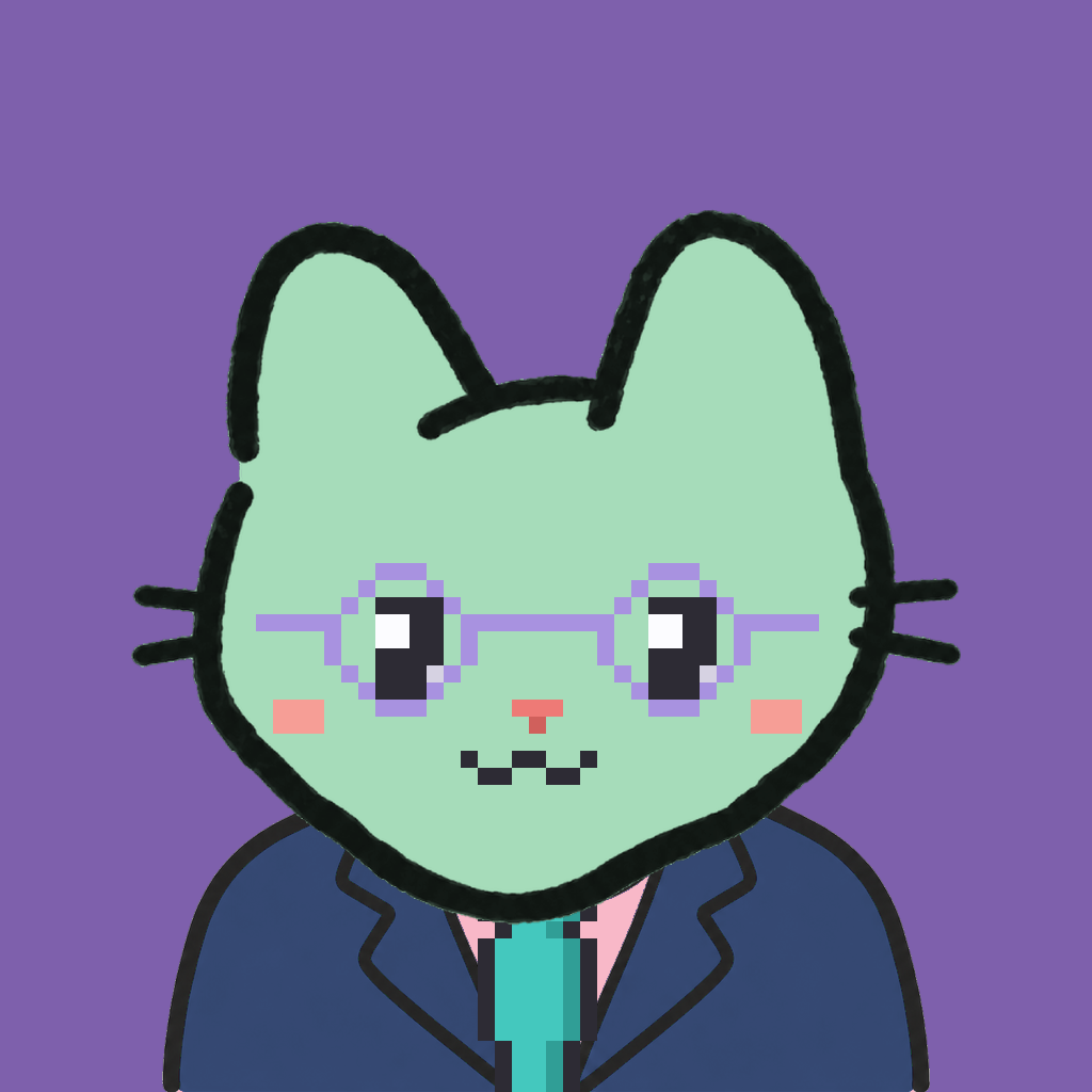 Employee #2172 — a mint cat, in a navy suit, with a teal tie, wearing round-lavender glasses, on plasma violet