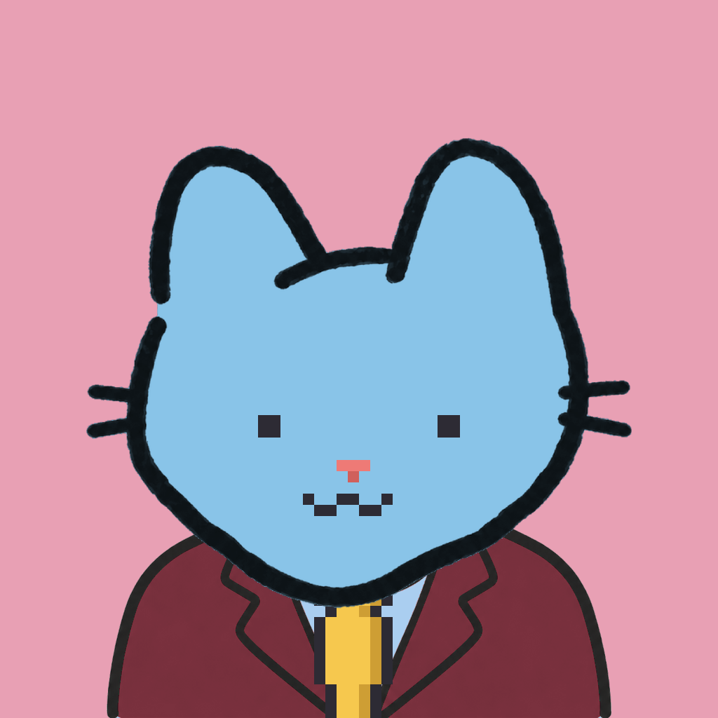 Employee #2173 — a sky cat, in a burgundy suit, with a gold tie, on rose