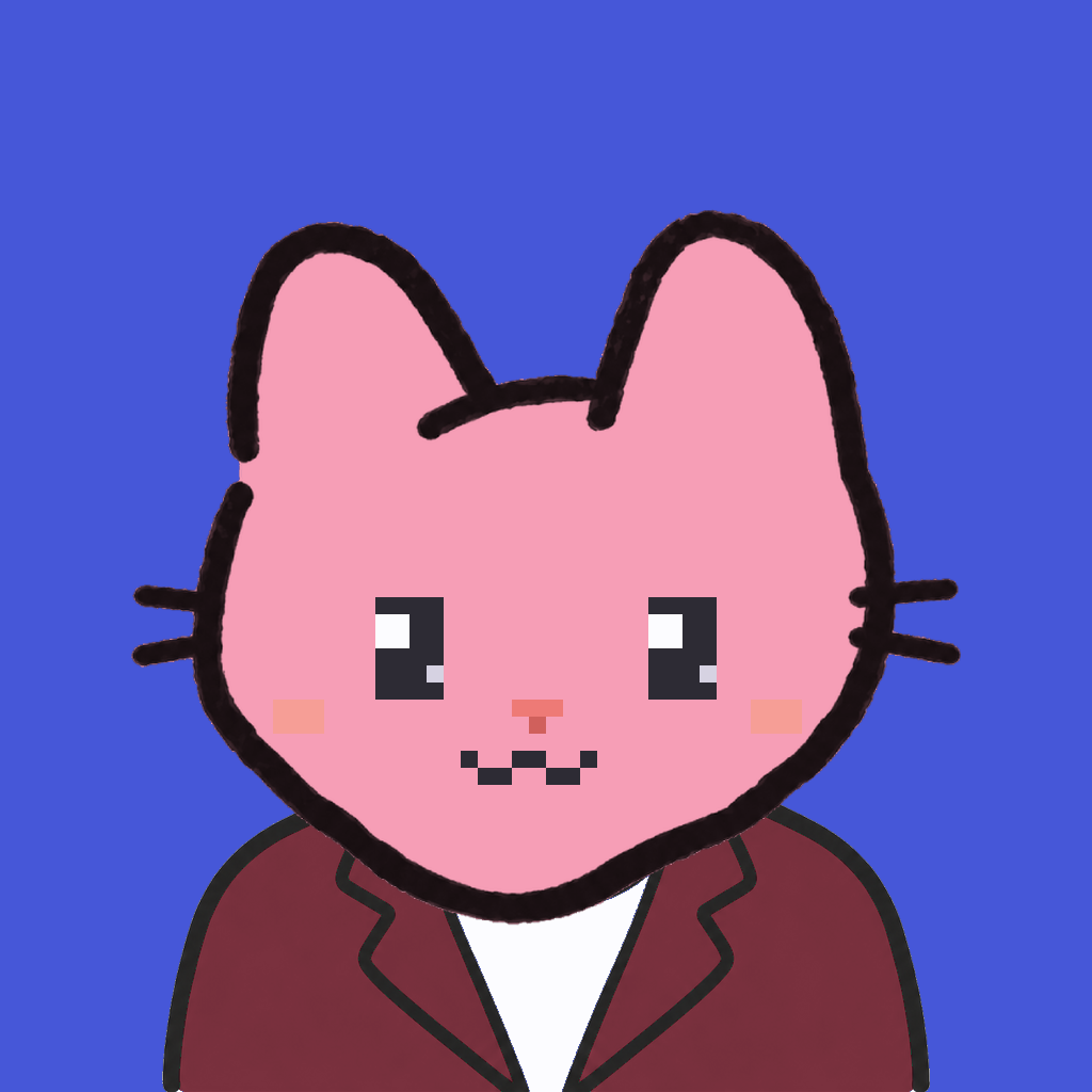 Employee #2174 — a pink cat, in a burgundy suit, on royal
