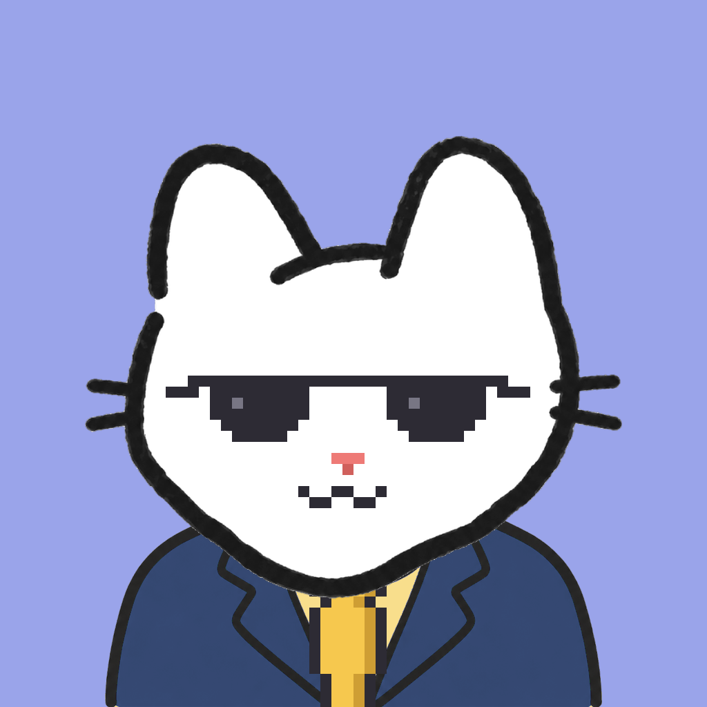 Employee #2175 — a white cat, in a navy suit, with a gold tie, wearing shades glasses, on periwinkle