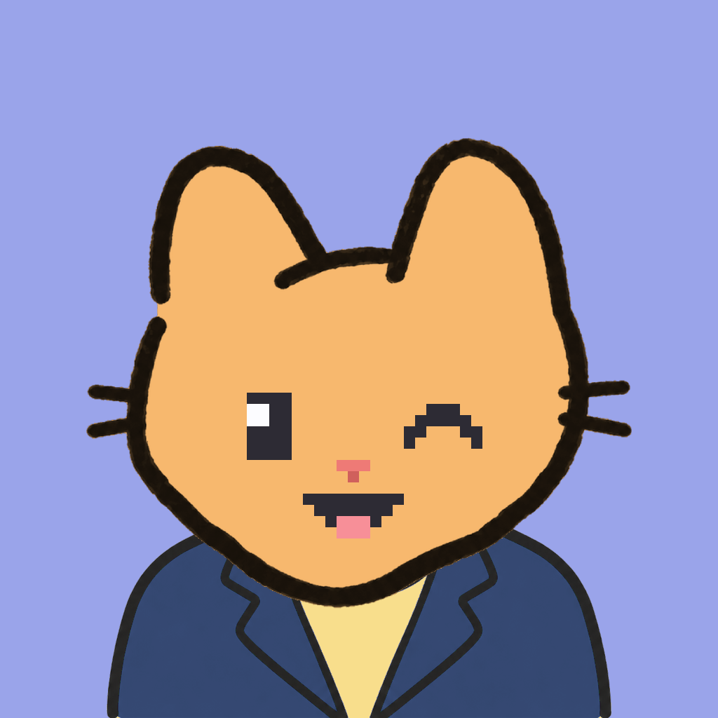 Employee #2176 — a tabby cat, in a navy suit, on periwinkle