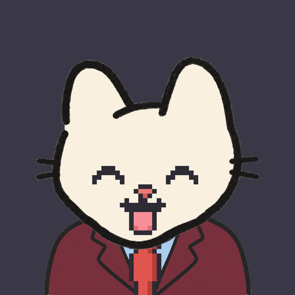 Employee #2177 — a cream cat, in a burgundy suit, with a red tie, on charcoal