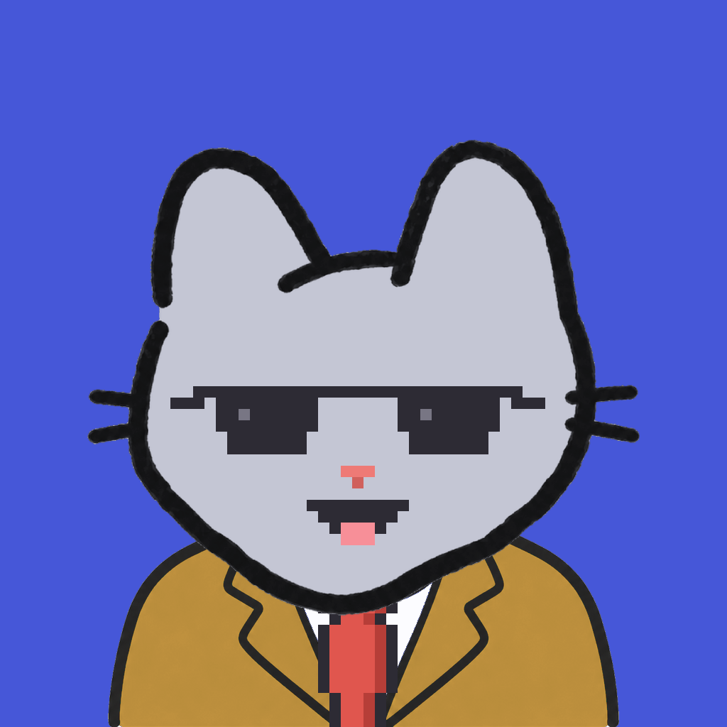 Employee #2178 — a gray cat, in a mustard suit, with a red tie, wearing shades glasses, on royal