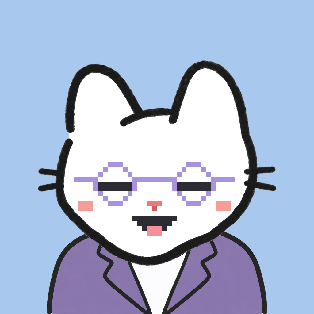 Employee #2179 — a white cat, in a lavender suit, wearing round-lavender glasses, on sky